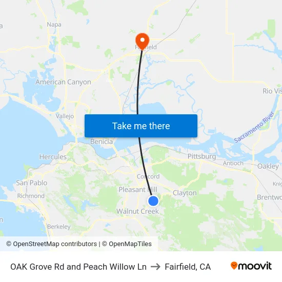 OAK Grove Rd and Peach Willow Ln to Fairfield, CA map