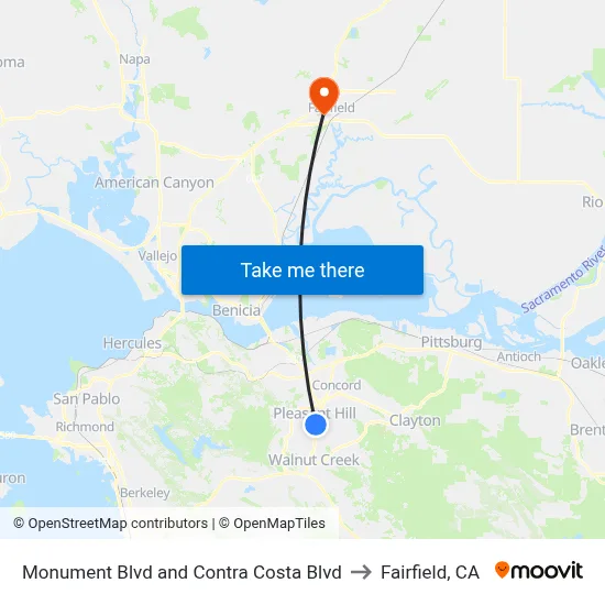 Monument Blvd and Contra Costa Blvd to Fairfield, CA map