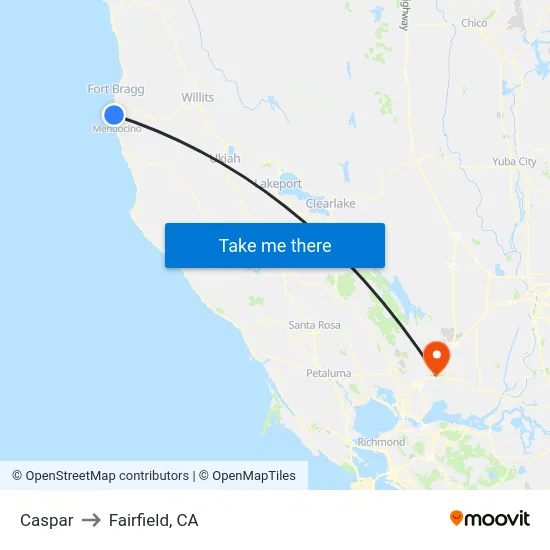 Caspar to Fairfield, CA map