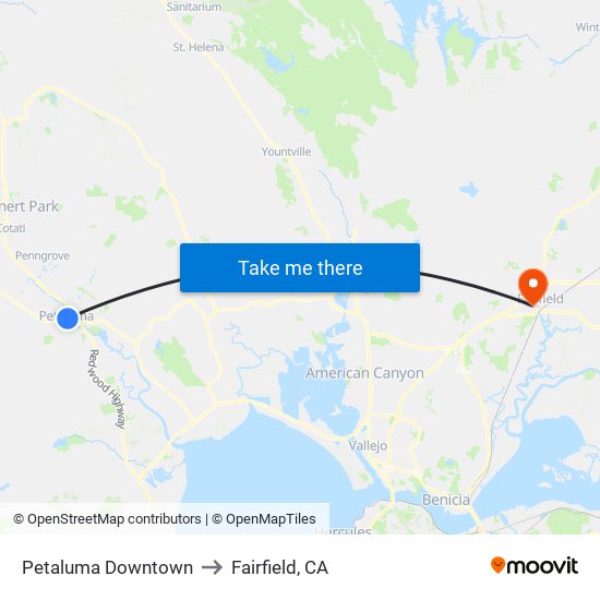 Petaluma Downtown to Fairfield, CA map