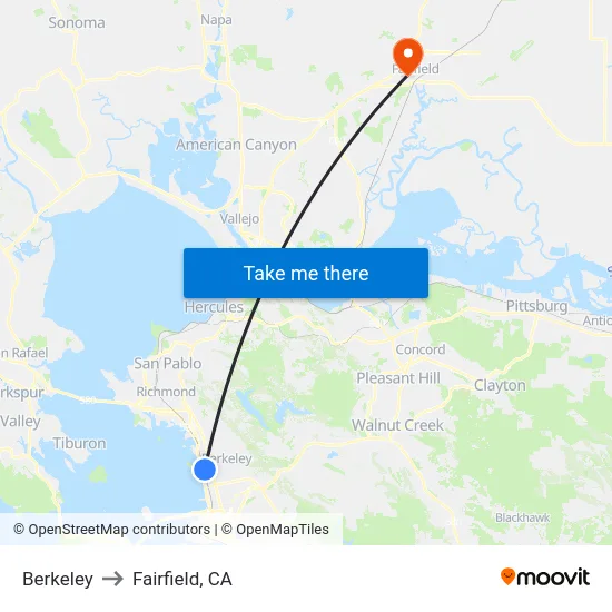 Berkeley to Fairfield, CA map