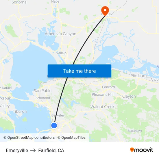 Emeryville to Fairfield, CA map