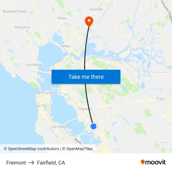 Fremont to Fairfield, CA map