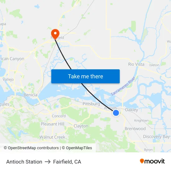 Antioch Station to Fairfield, CA map