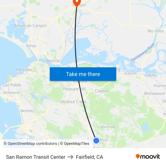 San Ramon Transit Center to Fairfield, CA map