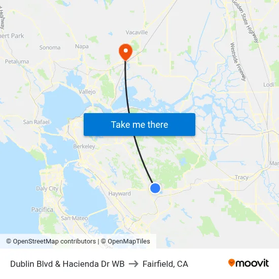 Dublin Blvd & Hacienda Dr WB to Fairfield, CA map