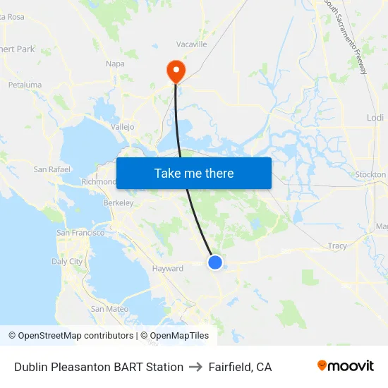 Dublin Pleasanton BART Station to Fairfield, CA map