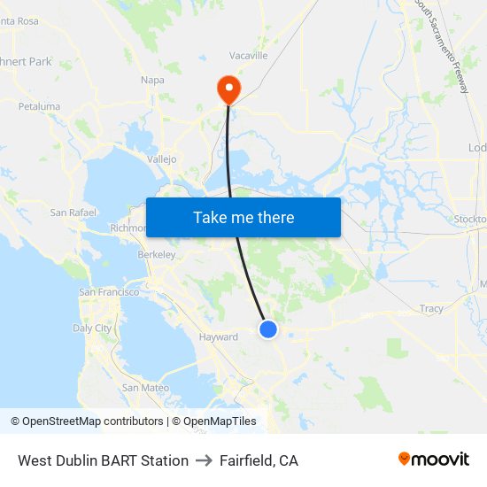 West Dublin BART Station to Fairfield, CA map