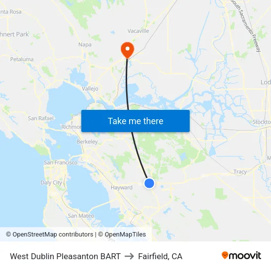 West Dublin/Pleasanton BART to Fairfield, CA map