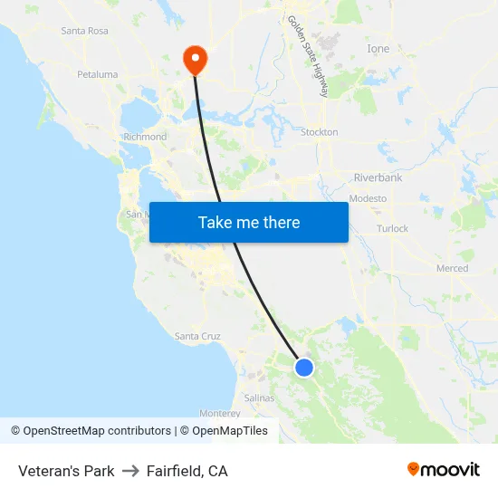 Veteran's Park to Fairfield, CA map