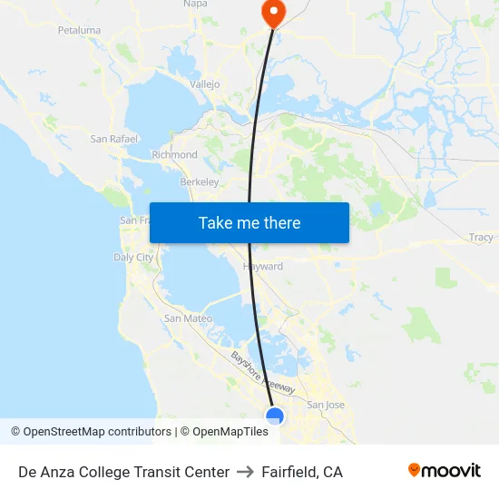 De Anza College Transit Center to Fairfield, CA map
