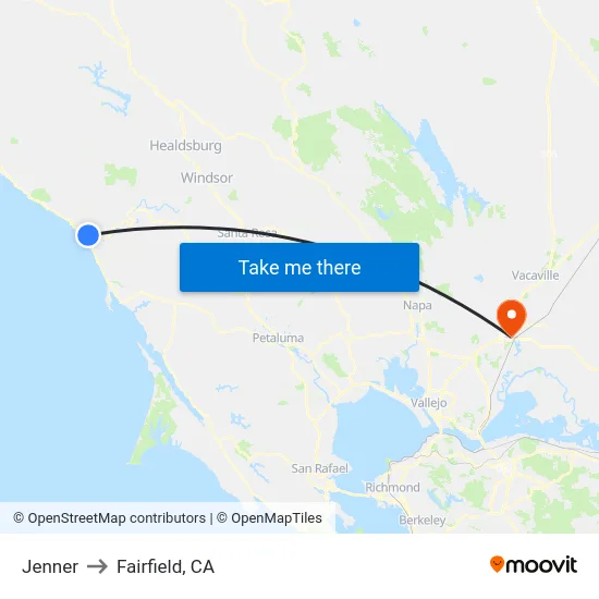 Jenner to Fairfield, CA map