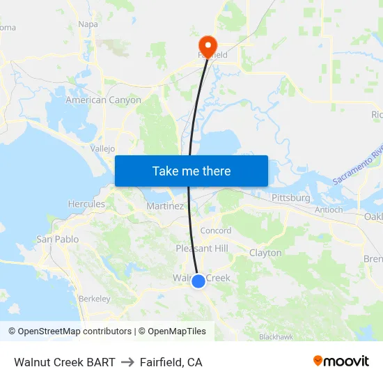 Walnut Creek BART to Fairfield, CA map