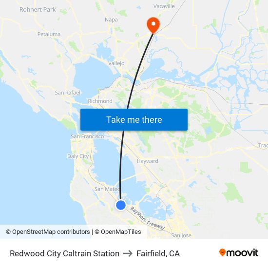 Redwood City Caltrain Station to Fairfield, CA map