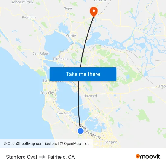 Stanford Oval to Fairfield, CA map