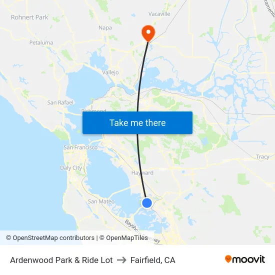 Ardenwood Park & Ride Lot to Fairfield, CA map