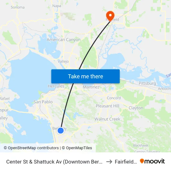 Center St & Shattuck Av (Downtown Berkeley BART) to Fairfield, CA map