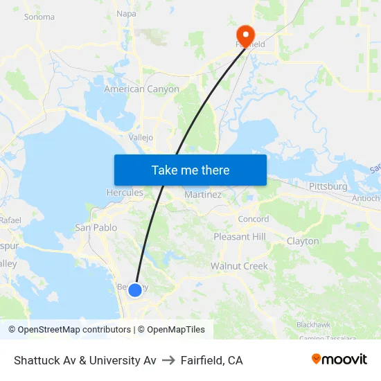 Shattuck Av & University Av to Fairfield, CA map