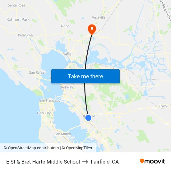 E St & Bret Harte Middle School to Fairfield, CA map