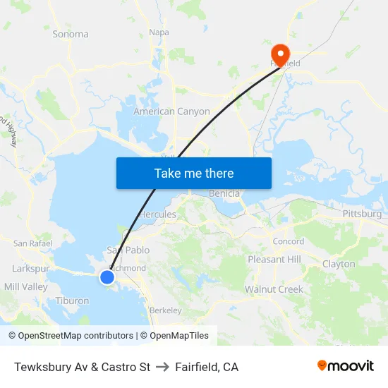 Tewksbury Av & Castro St to Fairfield, CA map