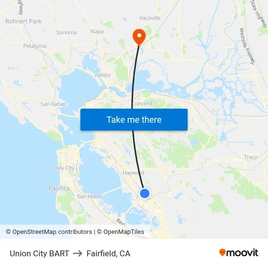 Union City BART to Fairfield, CA map