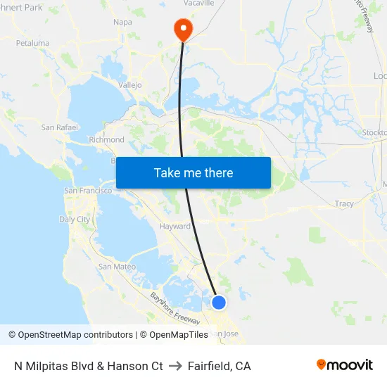 N Milpitas Blvd & Hanson Ct to Fairfield, CA map