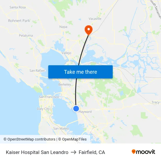 Kaiser Hospital San Leandro to Fairfield, CA map