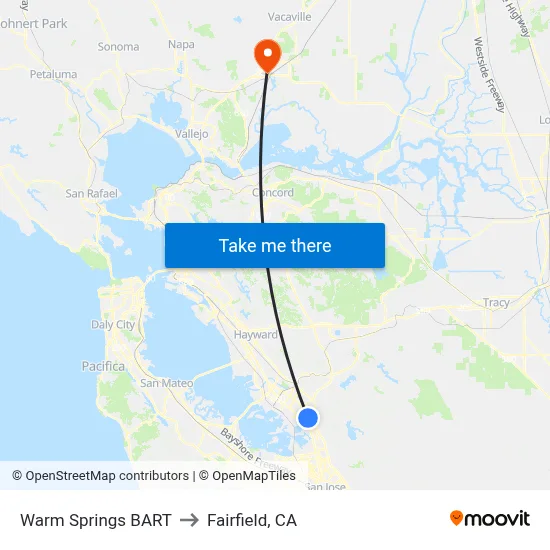 Warm Springs BART to Fairfield, CA map