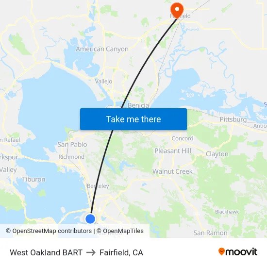 West Oakland BART to Fairfield, CA map