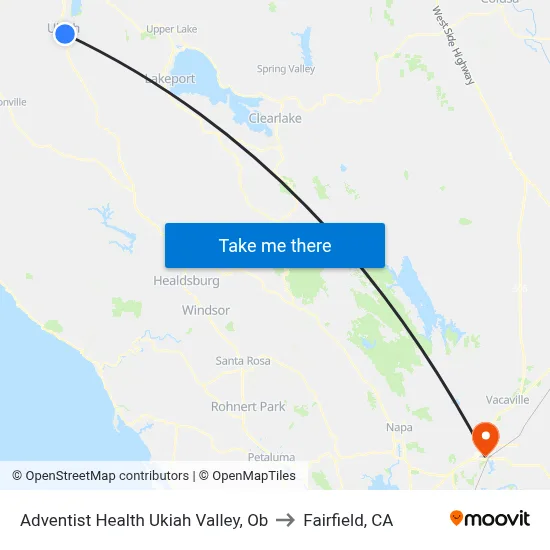 Adventist Health Ukiah Valley, Ob to Fairfield, CA map