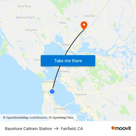 Bayshore Caltrain Station to Fairfield, CA map