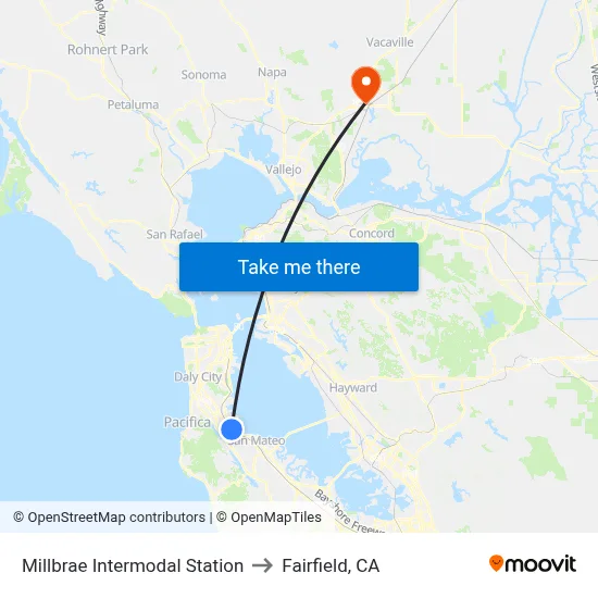 Millbrae Intermodal Station to Fairfield, CA map