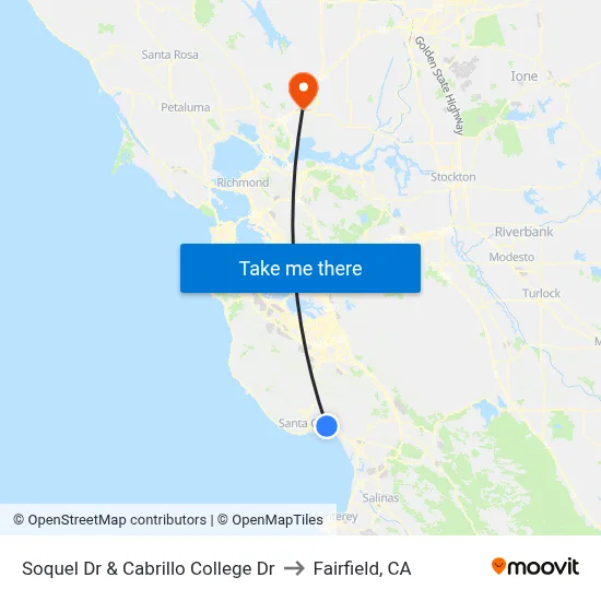 Soquel Dr & Cabrillo College Dr to Fairfield, CA map