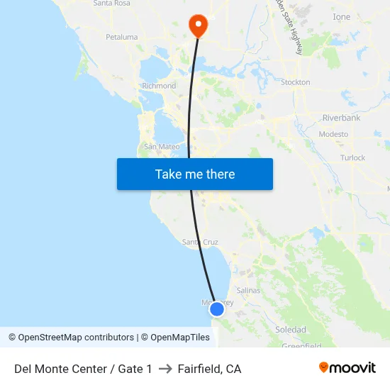 Del Monte Center / Gate 1 to Fairfield, CA map