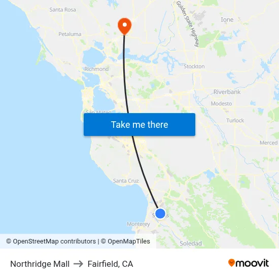 Northridge Mall to Fairfield, CA map