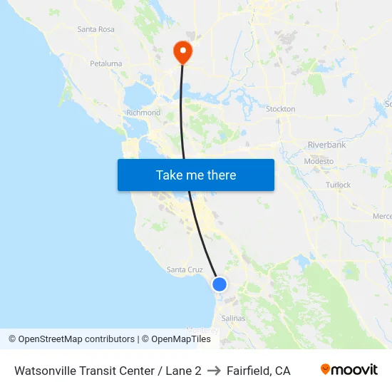 Watsonville Transit Center / Lane 2 to Fairfield, CA map