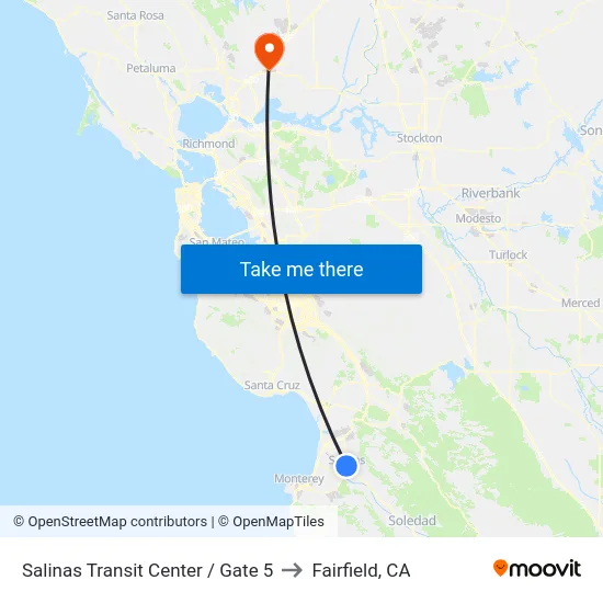 Salinas Transit Center / Gate 5 to Fairfield, CA map