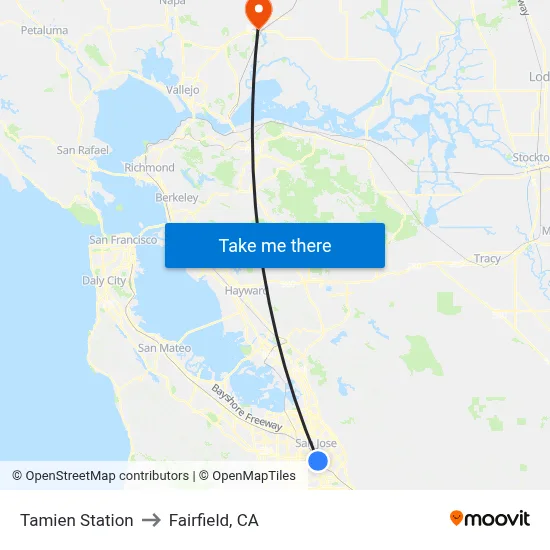 Tamien Station to Fairfield, CA map