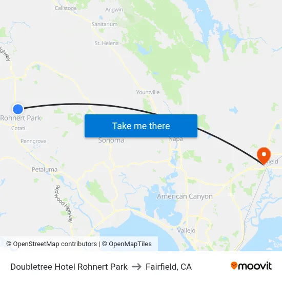 Doubletree Hotel Rohnert Park to Fairfield, CA map
