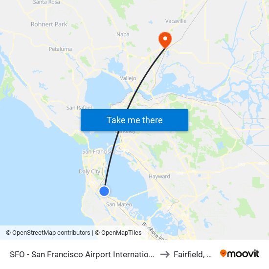 SFO - San Francisco Airport International to Fairfield, CA map