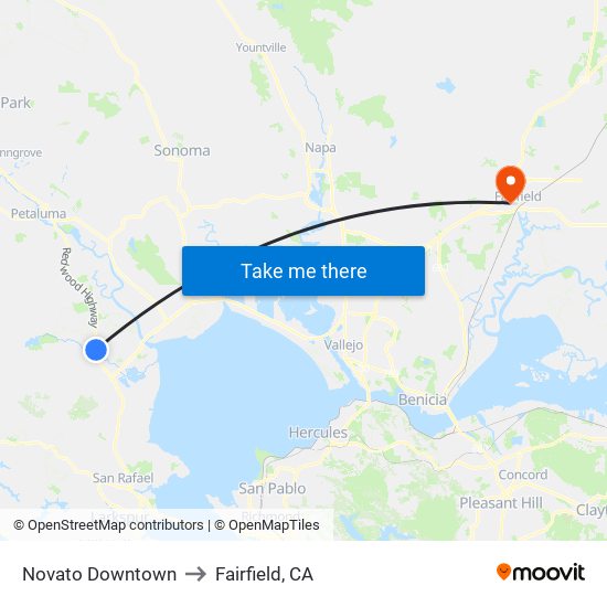 Novato Downtown to Fairfield, CA map