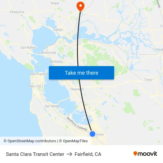 Santa Clara Transit Center to Fairfield, CA map