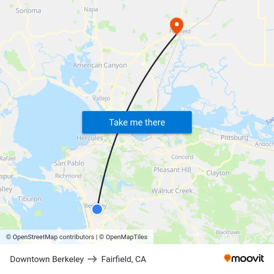 Downtown Berkeley to Fairfield, CA map