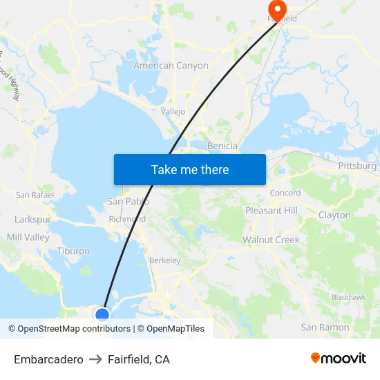 Embarcadero to Fairfield, CA map