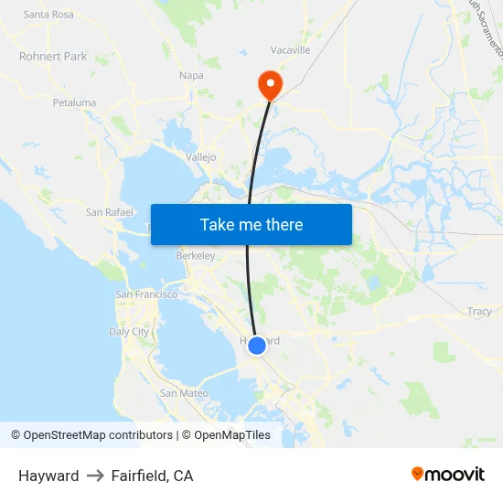 Hayward to Fairfield, CA map