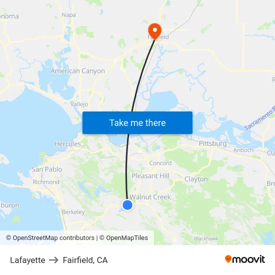 Lafayette to Fairfield, CA map