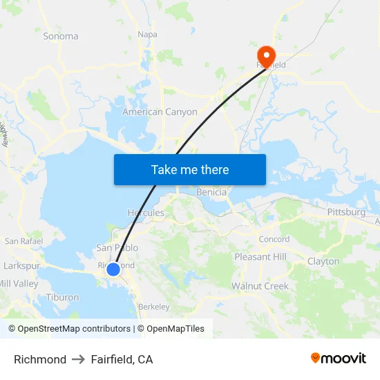 Richmond to Fairfield, CA map