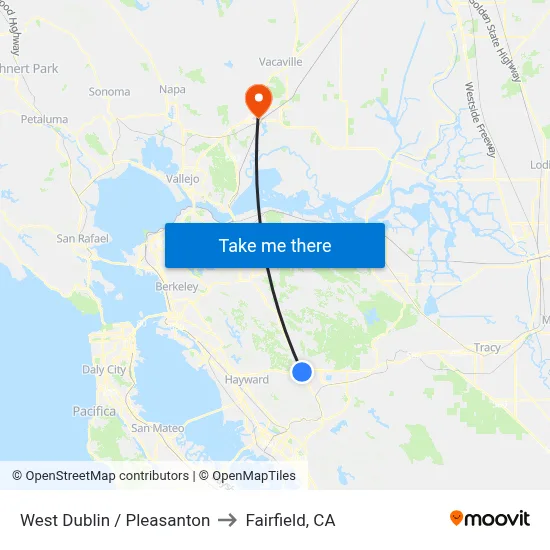 West Dublin / Pleasanton to Fairfield, CA map
