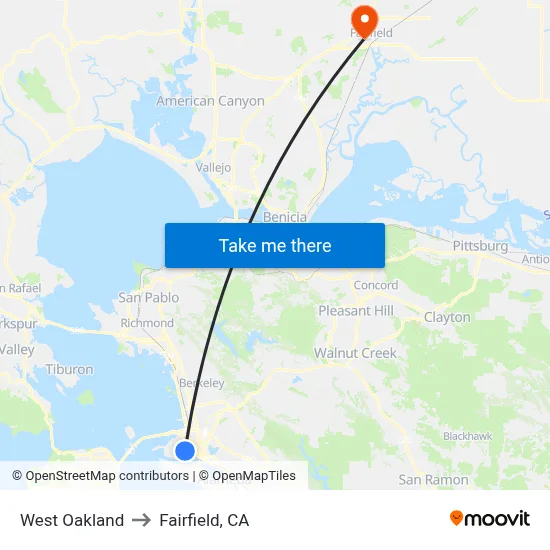 West Oakland to Fairfield, CA map