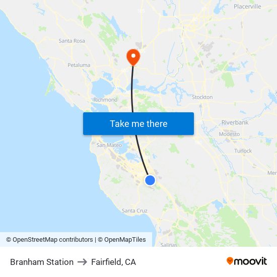 Branham Station to Fairfield, CA map